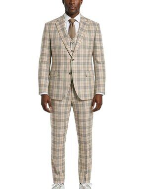 Tan Windowpane Plaid Peak Lapel 3 Piece Stacy Adams Men's Suit